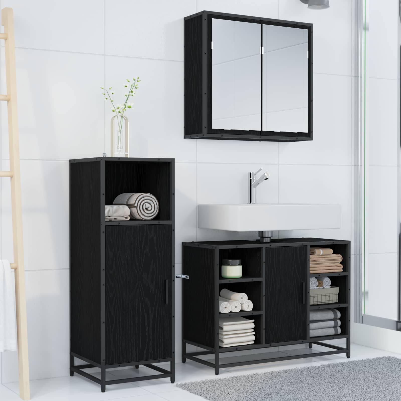 Badezimmermöbel-Set 3 stk. Schwarz Eichen-Optik 80 x 33 x 60 cm