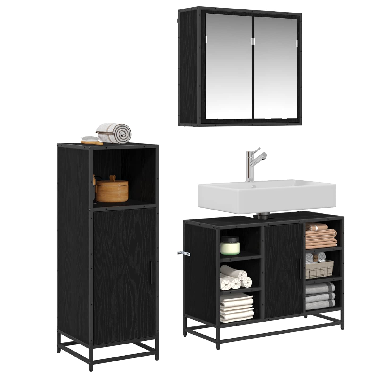 Badezimmermöbel-Set 3 stk. Schwarz Eichen-Optik 80 x 33 x 60 cm