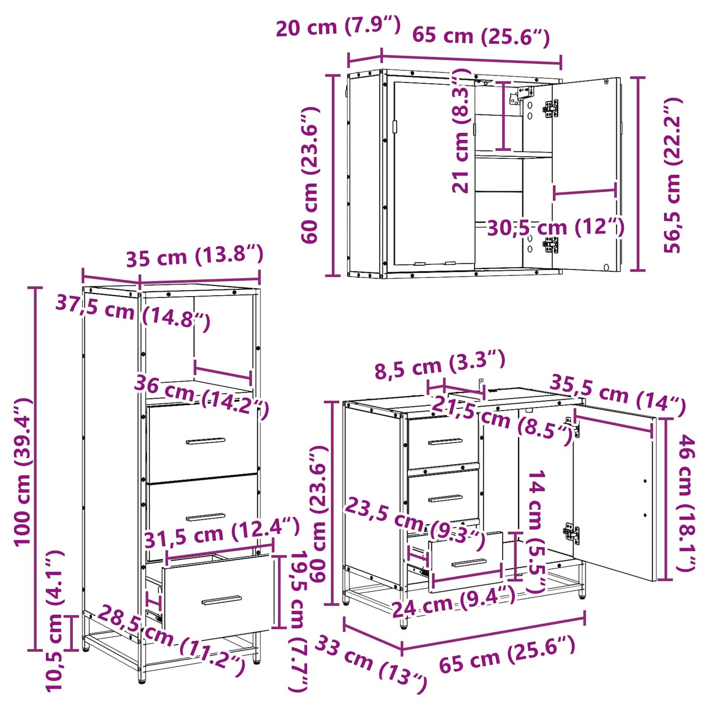 Badezimmermöbel-Set 3 stk. Altholz 35 x 37,5 x 100 cm