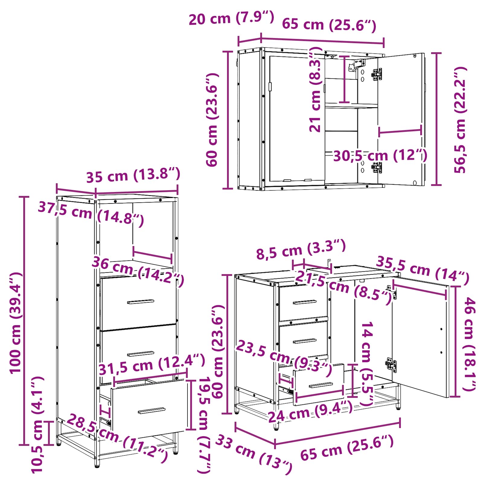 Badezimmermöbel-Set 3 stk. Altholz 35 x 37,5 x 100 cm