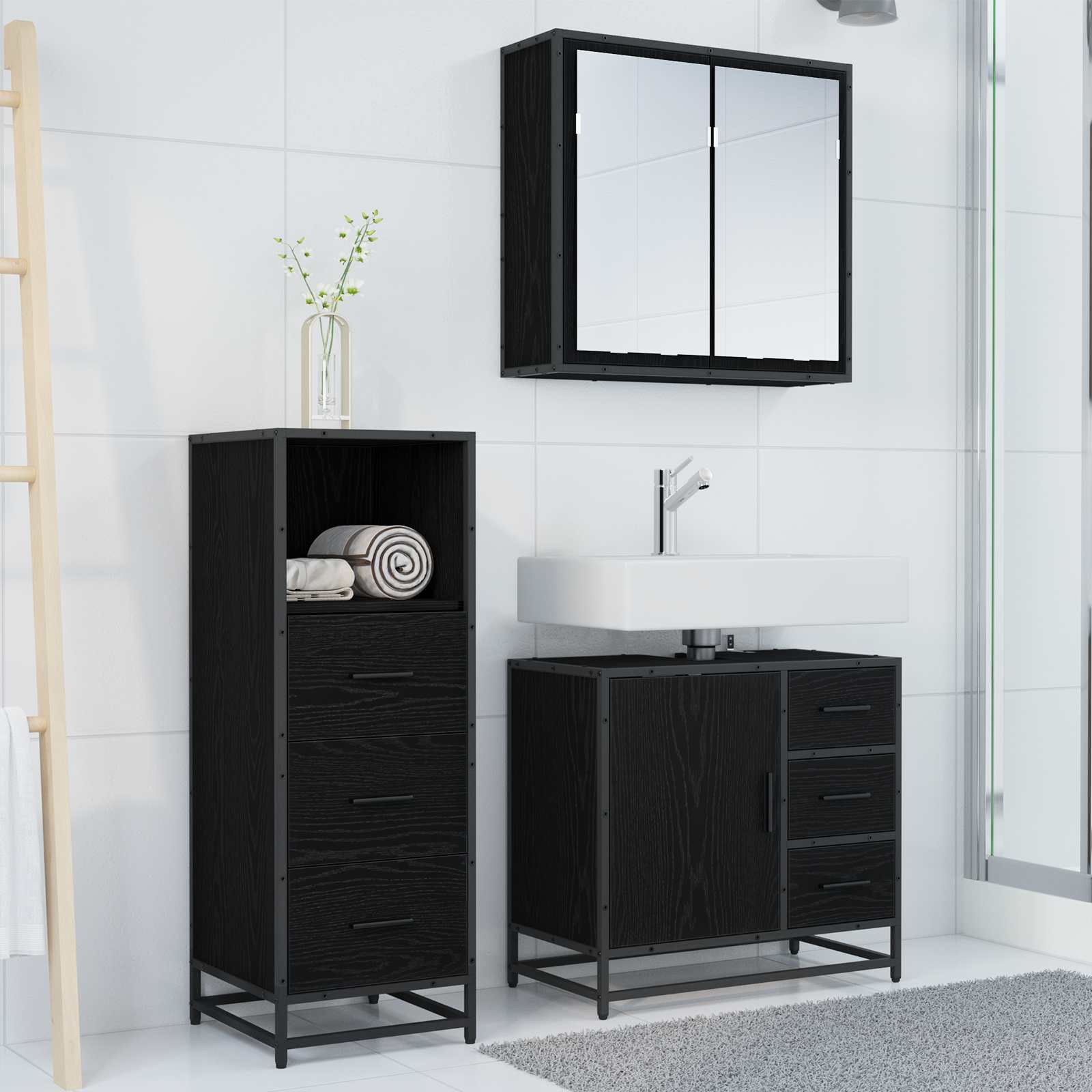 Badezimmermöbel-Set 3 stk. Schwarz Eichen-Optik