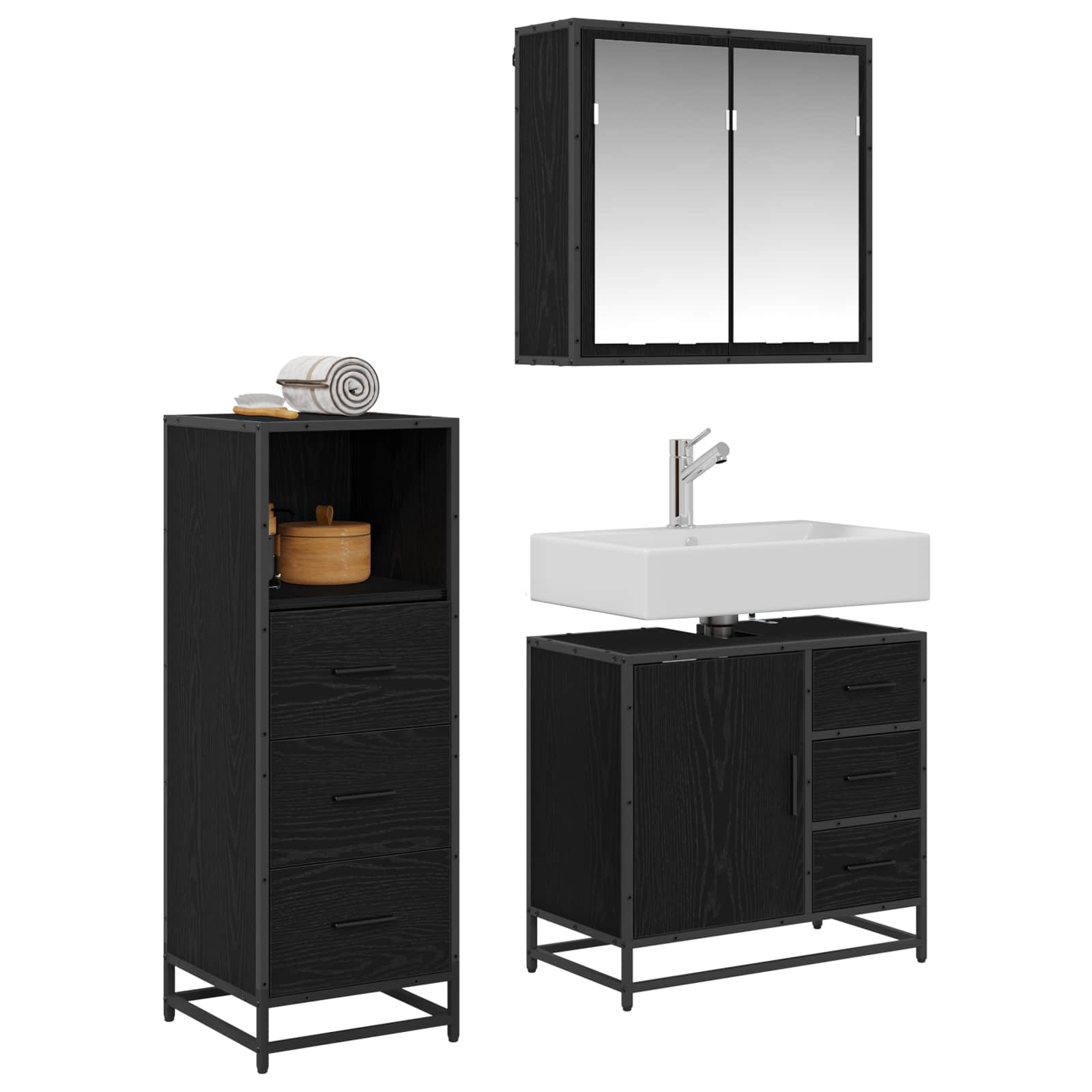Badezimmermöbel-Set 3 stk. Schwarz Eichen-Optik