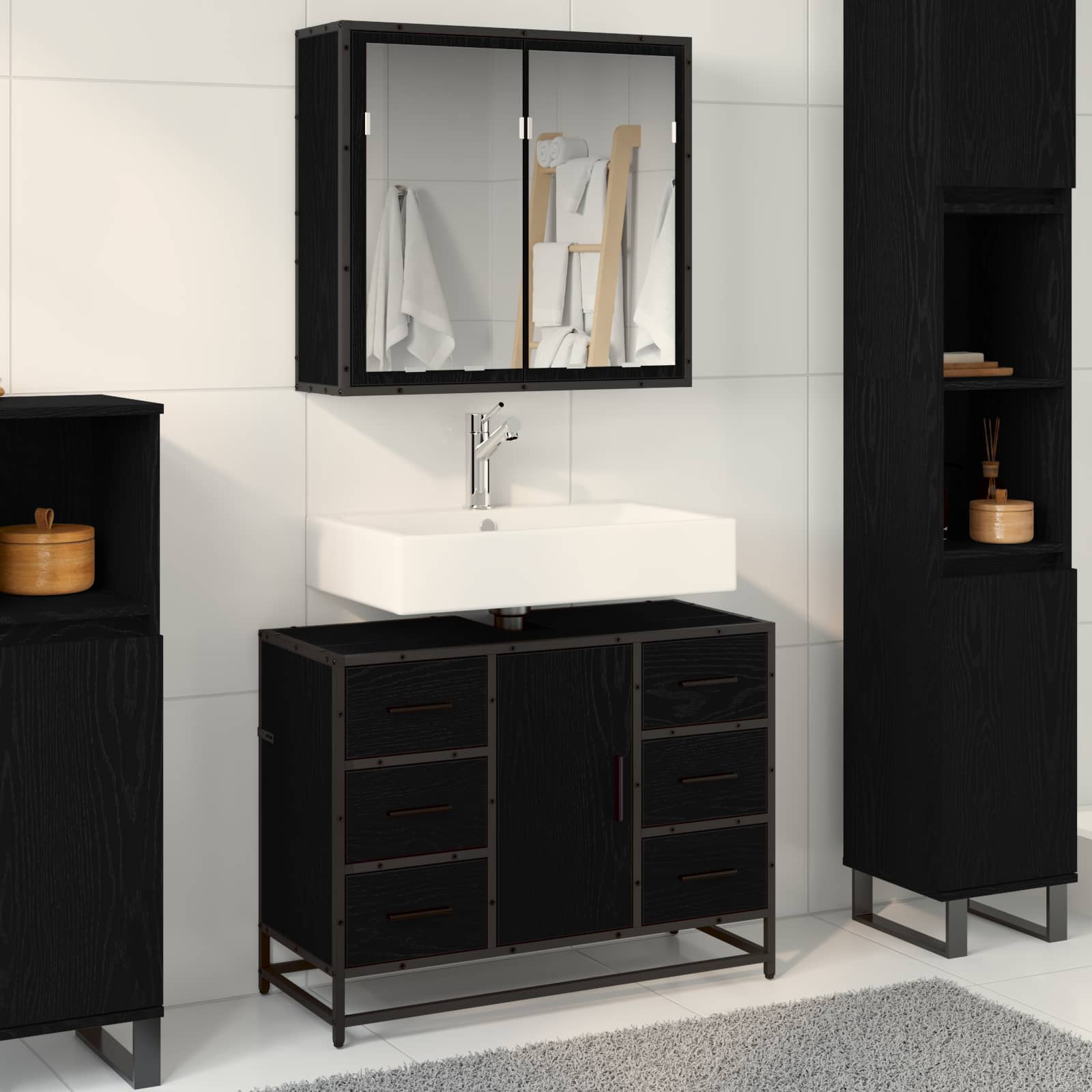 Badezimmermöbel-Set 2 stk. Schwarz Eichen-Optik 80 x 33 x 60 cm