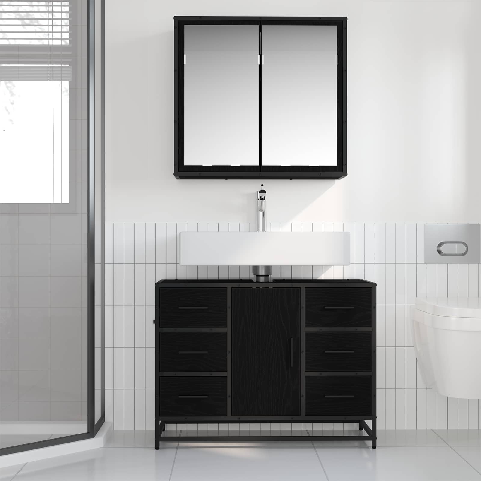 Badezimmermöbel-Set 2 stk. Schwarz Eichen-Optik 80 x 33 x 60 cm