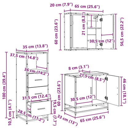 Badezimmermöbel-Set 3 stk. Schwarz Eichen-Optik 65 x 33 x 60 cm