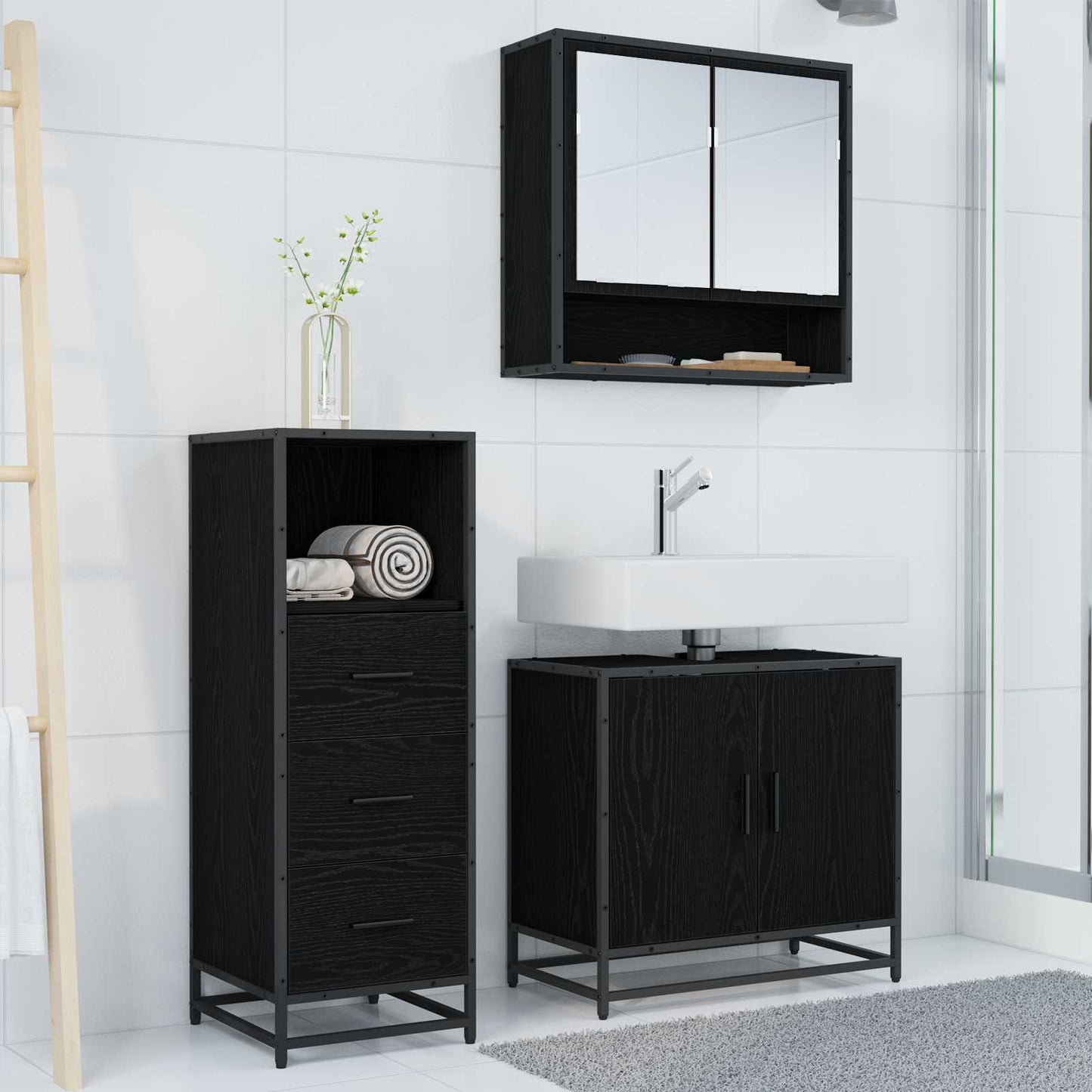 Badezimmermöbel-Set 3 stk. Schwarz Eichen-Optik 65 x 33 x 60 cm