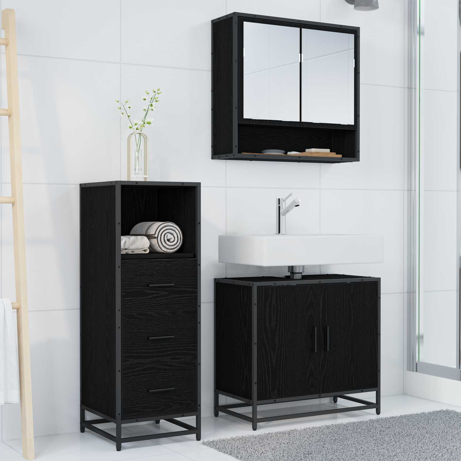 Badezimmermöbel-Set 3 stk. Schwarz Eichen-Optik 65 x 33 x 60 cm