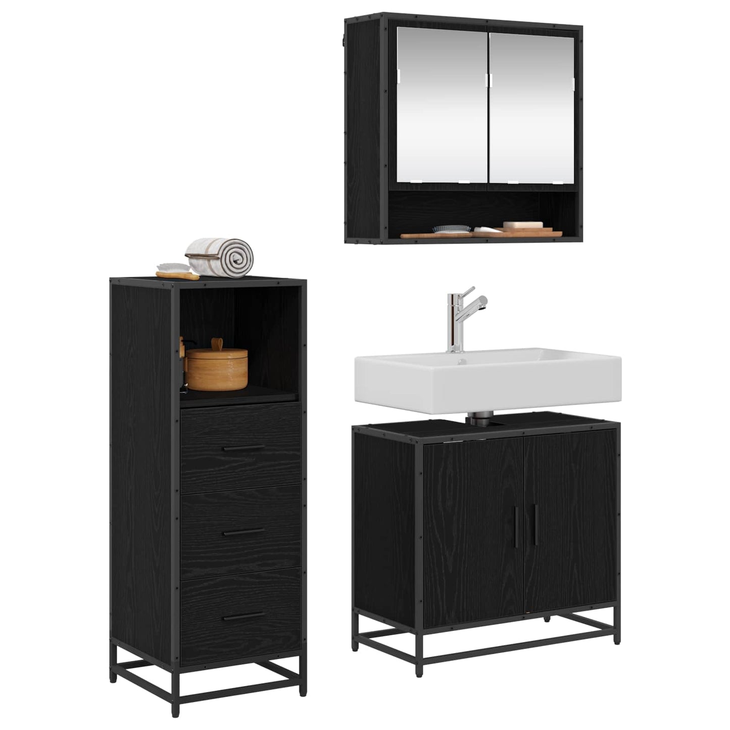 Badezimmermöbel-Set 3 stk. Schwarz Eichen-Optik 65 x 33 x 60 cm