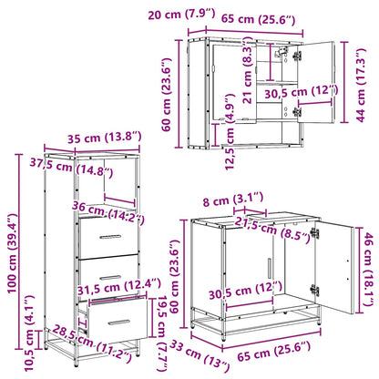 Badezimmermöbel-Set 3 stk. Schwarz Eichen-Optik 65 x 33 x 60 cm