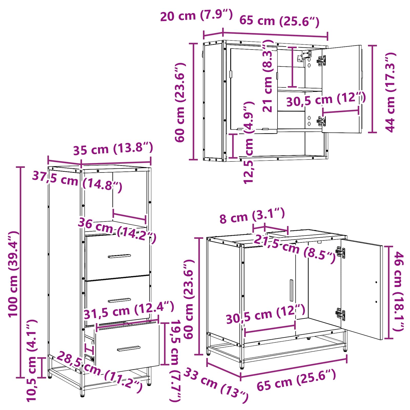 Badezimmermöbel-Set 3 stk. Schwarz Eichen-Optik 65 x 33 x 60 cm