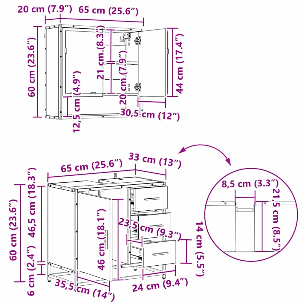 Badezimmermöbel-Set 4 pcs Schwarz Eichen-Optik Holzwerkstoff