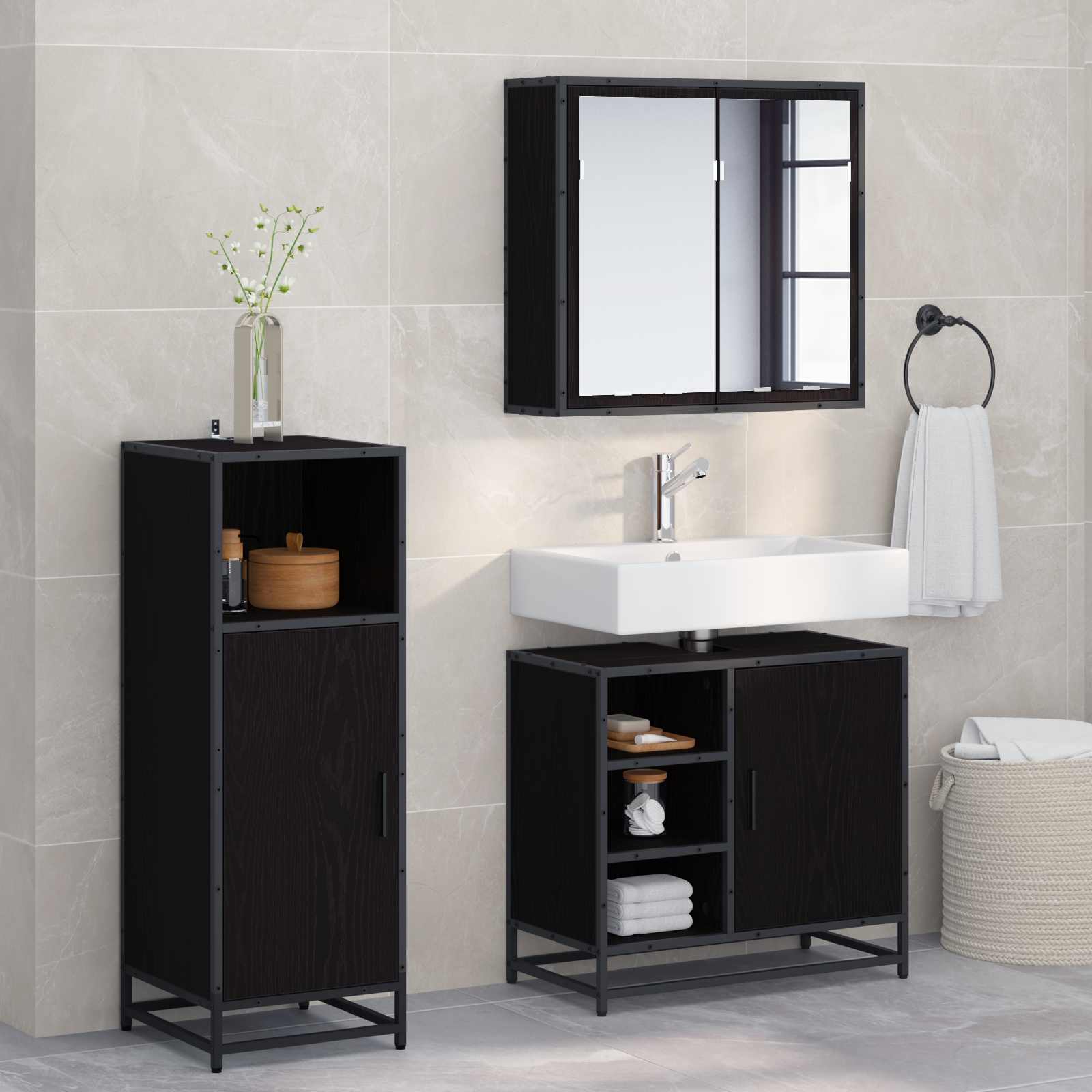 Badezimmermöbel-Set 3 stk. Schwarz Eichen-Optik 65 x 33 x 60 cm