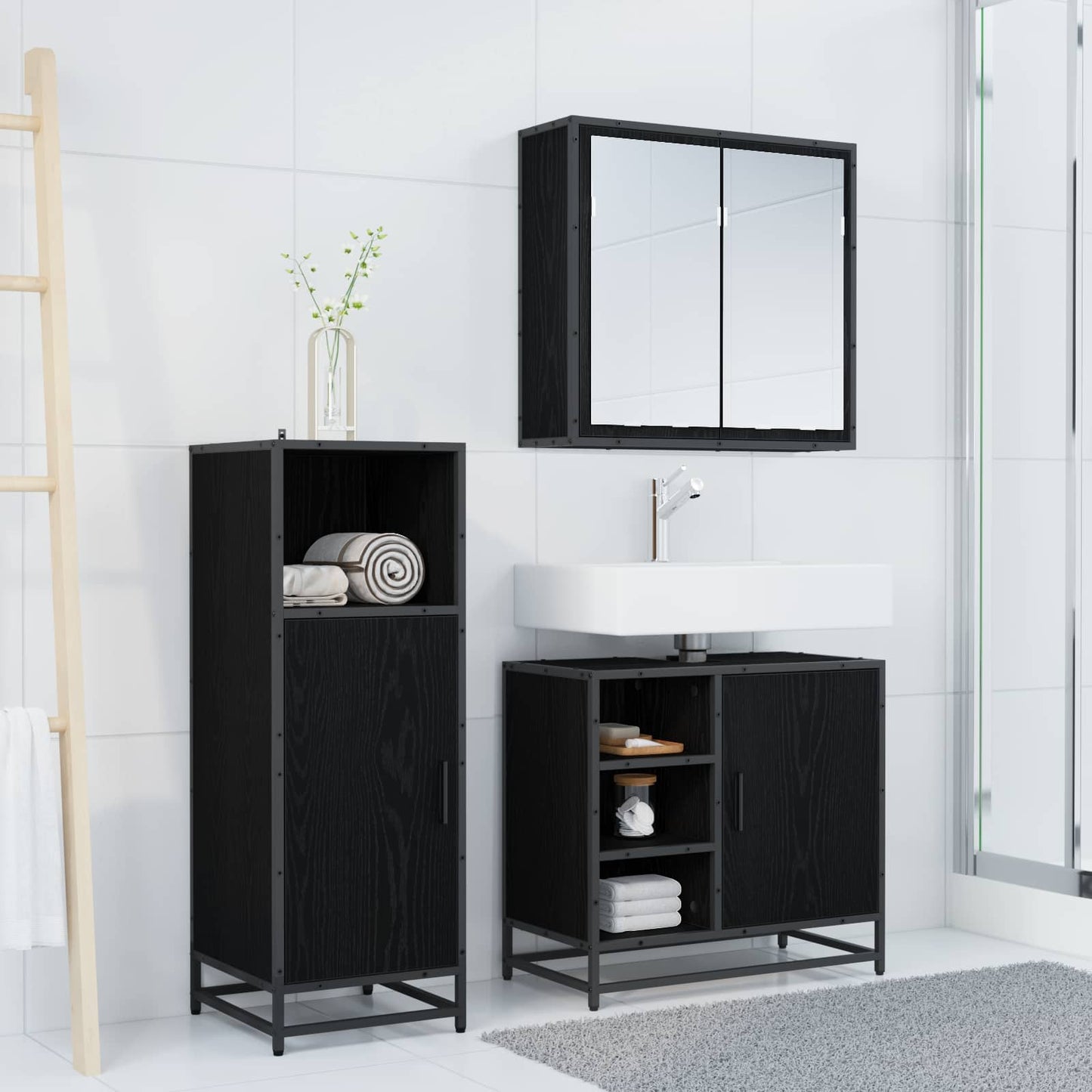 Badezimmermöbel-Set 3 stk. Schwarz Eichen-Optik 65 x 33 x 60 cm