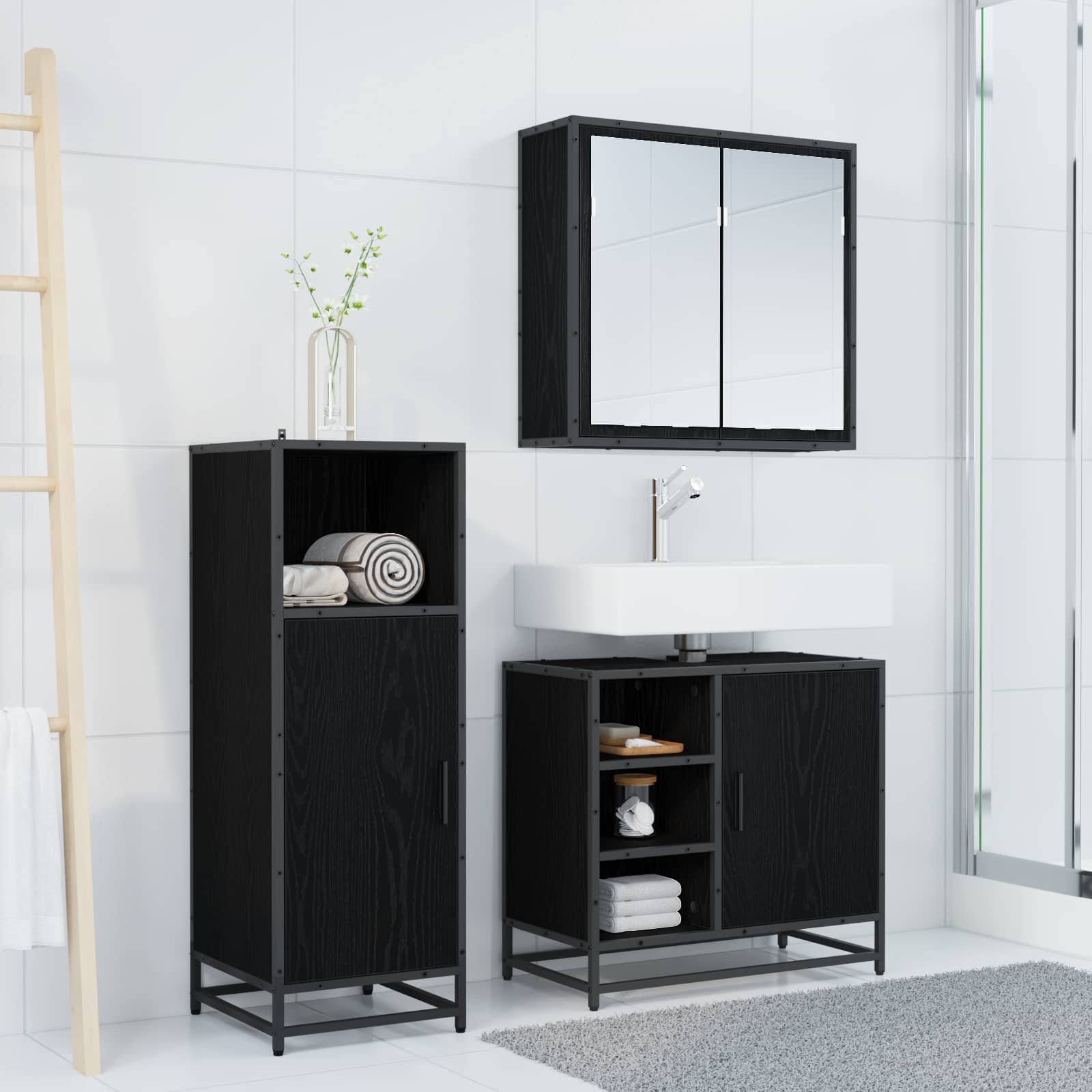 Badezimmermöbel-Set 3 stk. Schwarz Eichen-Optik 65 x 33 x 60 cm