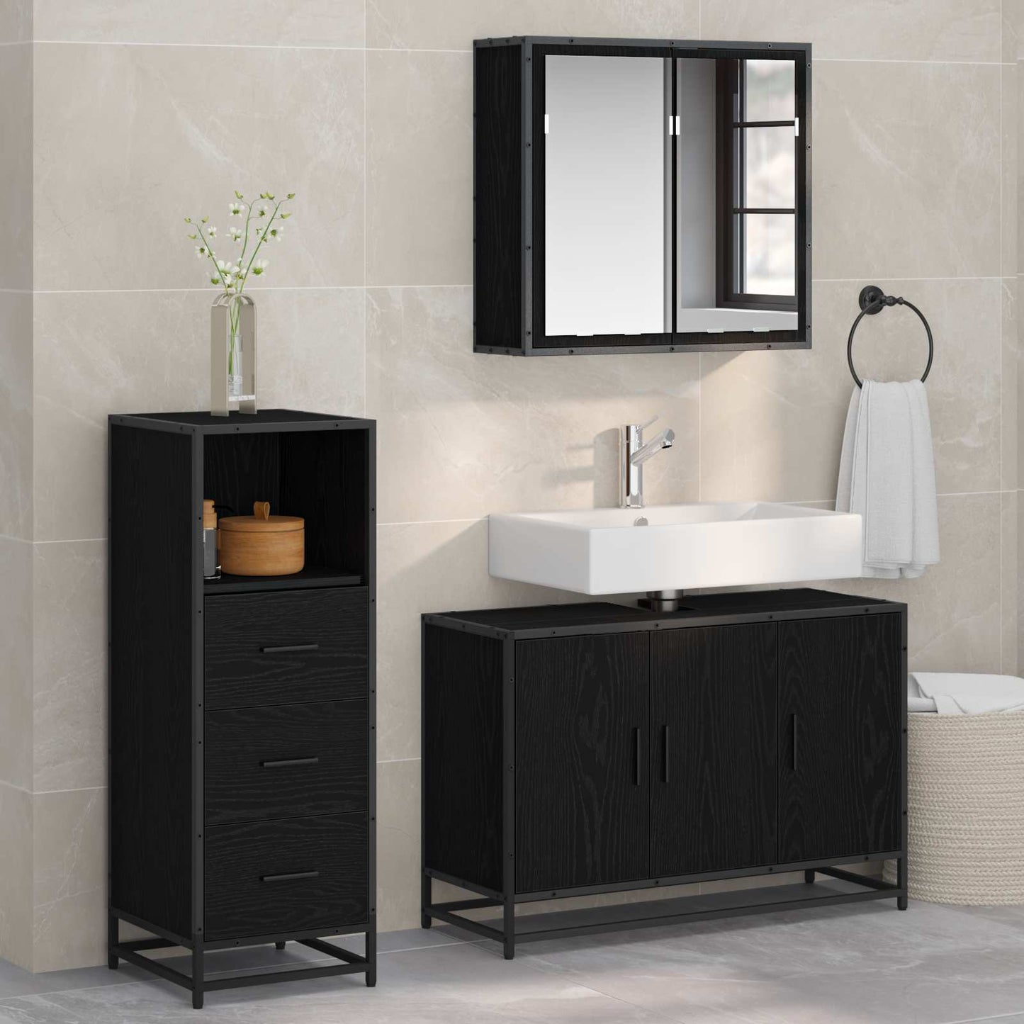 Badezimmermöbel-Set 3 stk. Schwarz Eichen-Optik 90 x 33 x 60 cm
