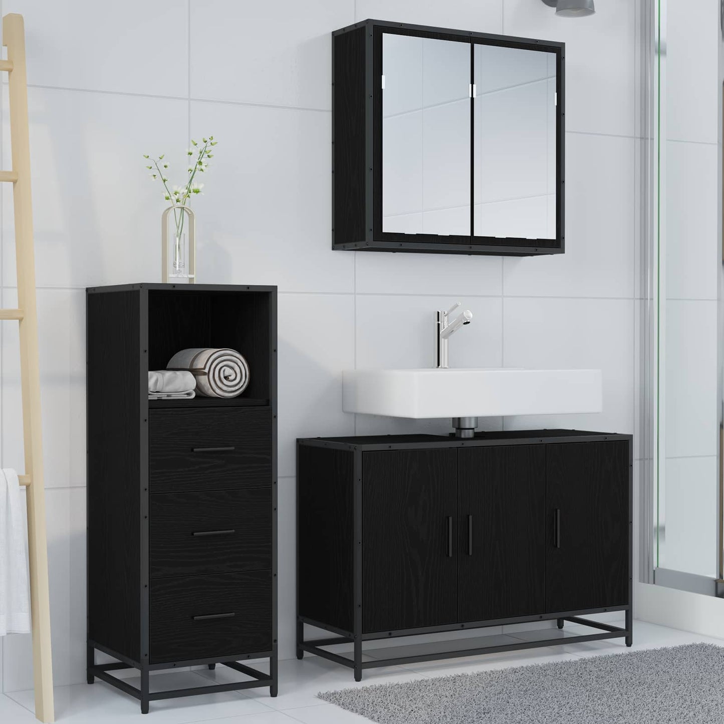 Badezimmermöbel-Set 3 stk. Schwarz Eichen-Optik 90 x 33 x 60 cm