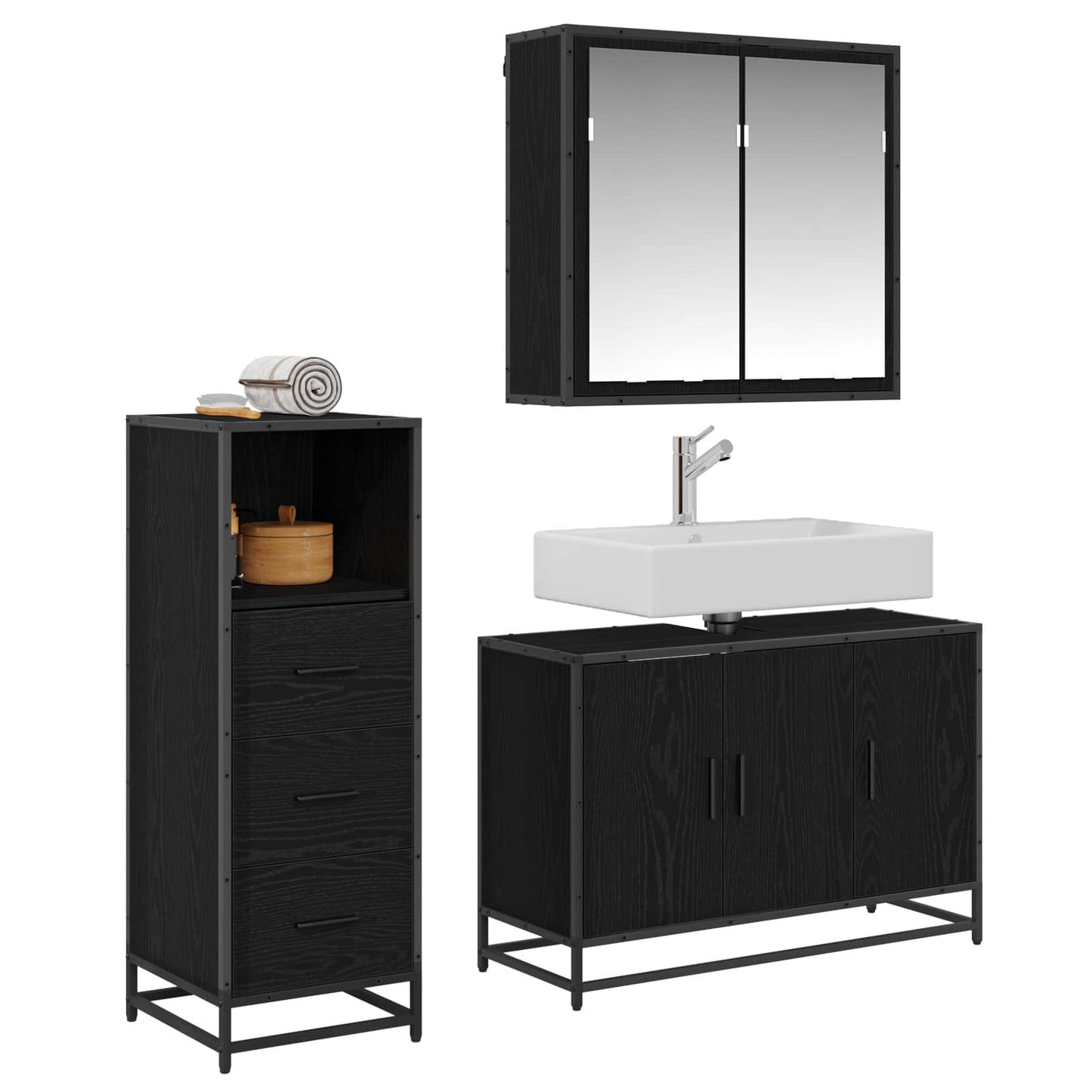Badezimmermöbel-Set 3 stk. Schwarz Eichen-Optik 90 x 33 x 60 cm
