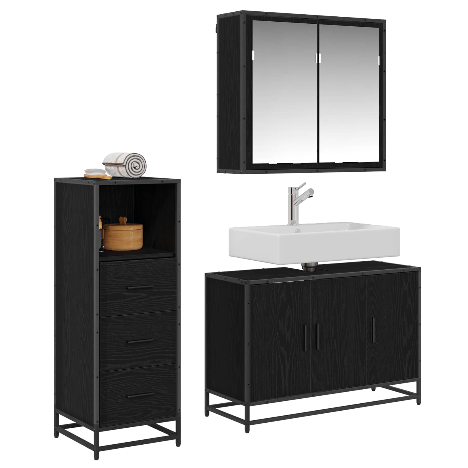 Badezimmermöbel-Set 3 stk. Schwarz Eichen-Optik 90 x 33 x 60 cm