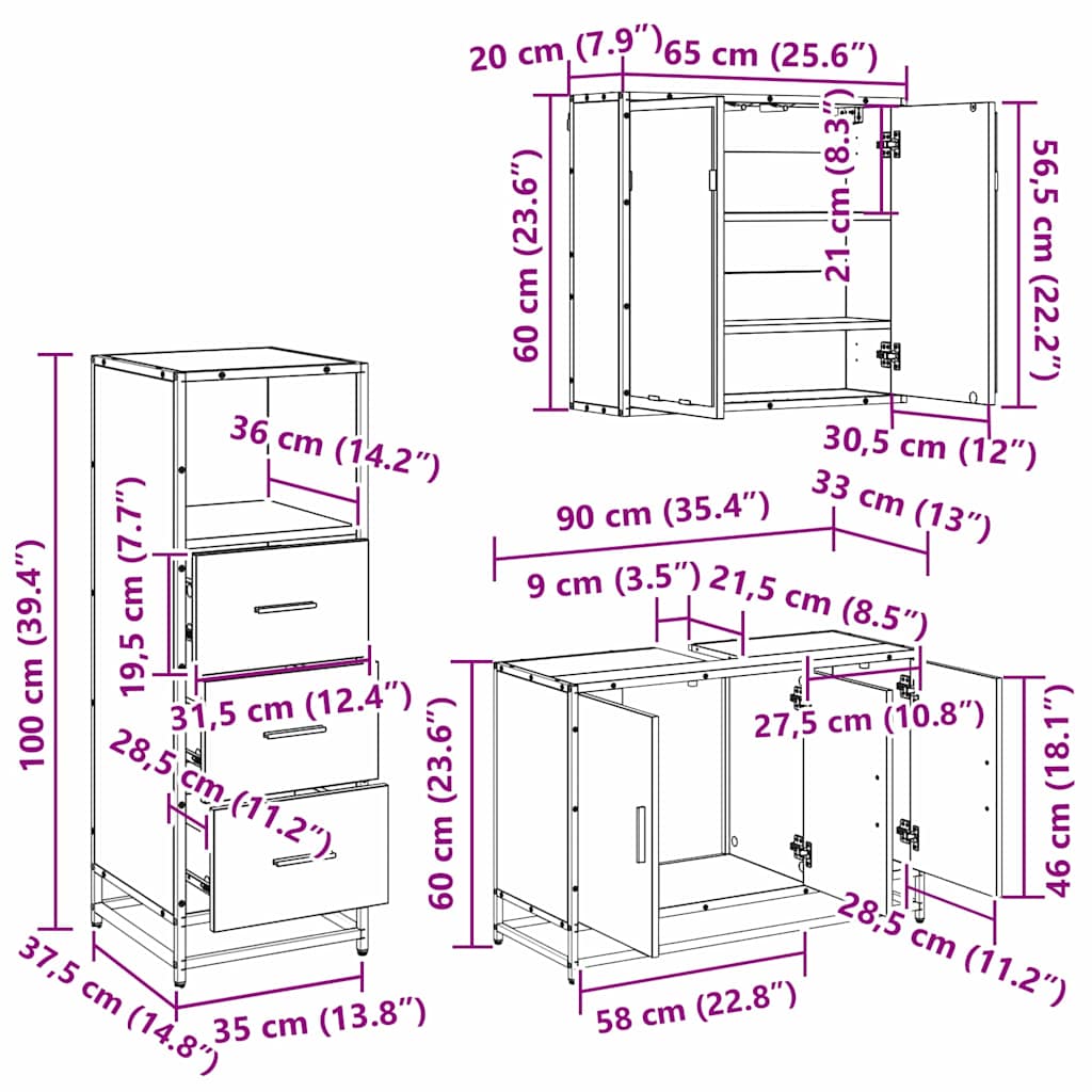 Badezimmermöbel-Set 3 stk. Schwarz Eichen-Optik 90 x 33 x 60 cm
