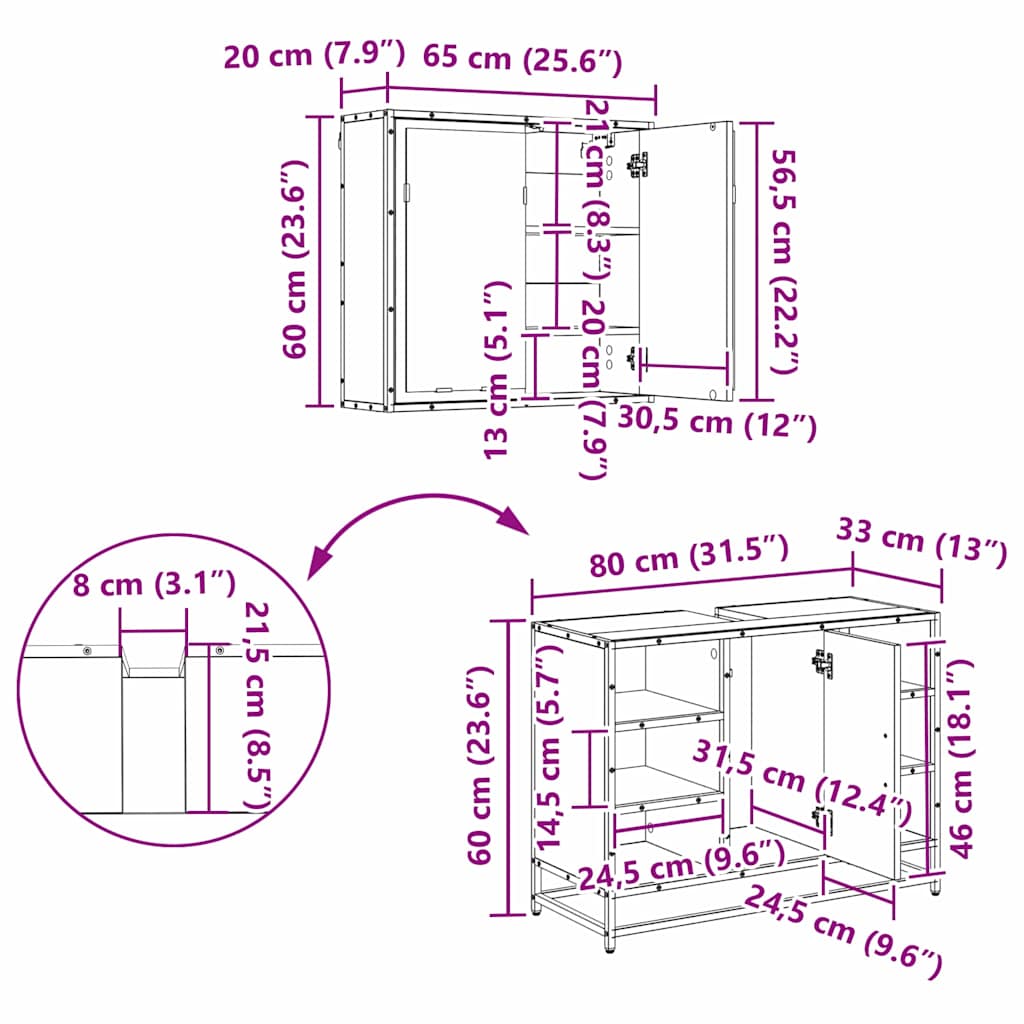 Badezimmermöbel-Set 2 stk. Artisan-Eiche 80 x 33 x 60 cm