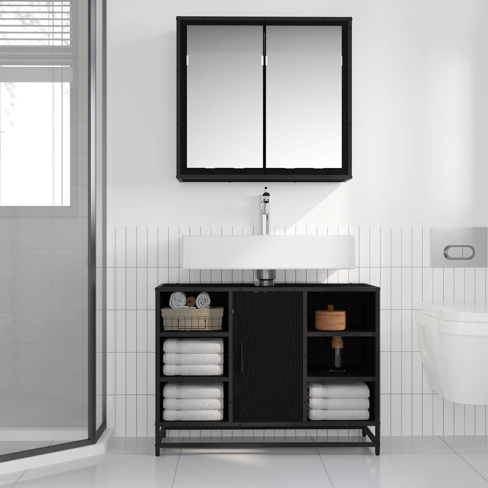 Badezimmermöbel-Set 2 stk. Schwarz Eichen-Optik 80 x 33 x 60 cm