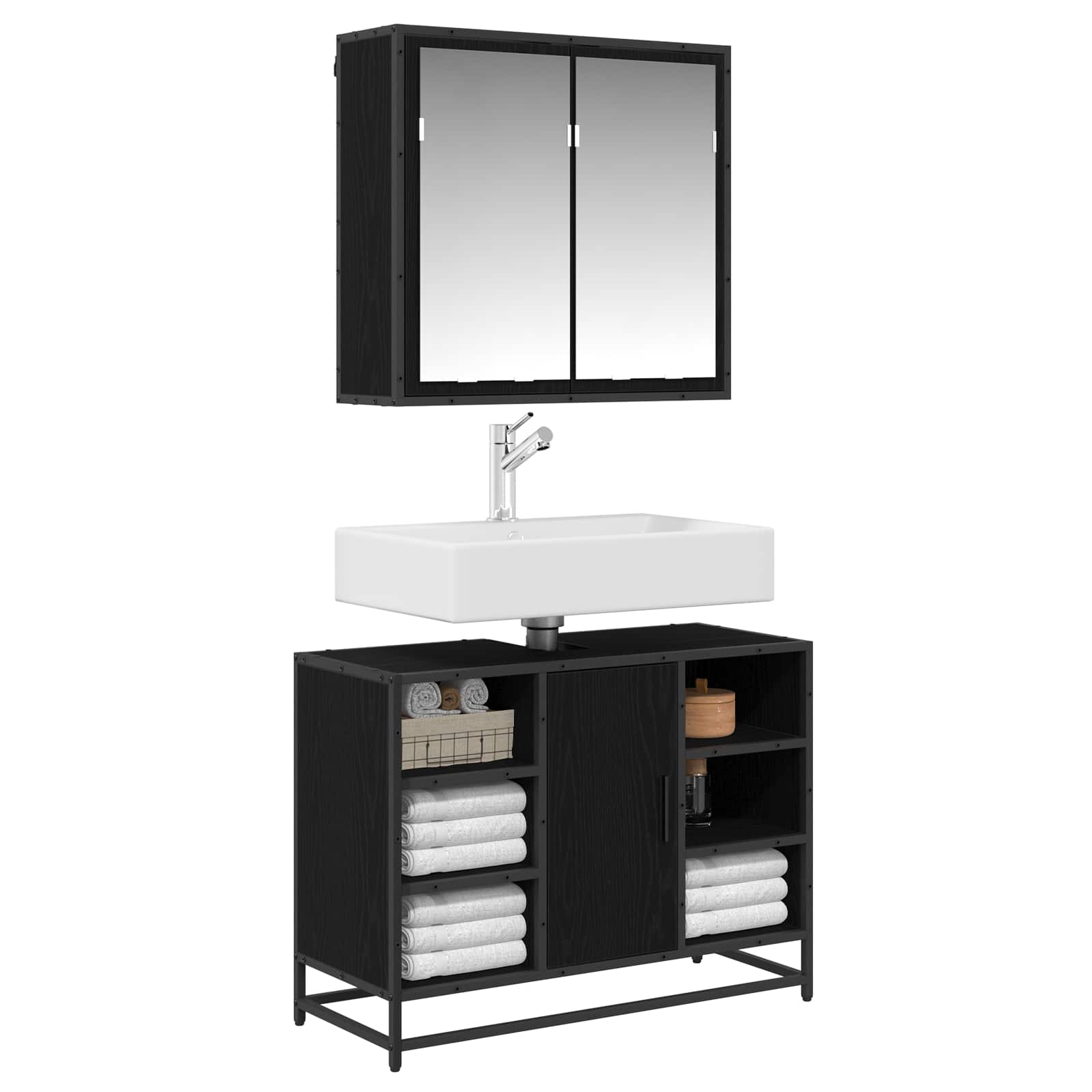 Badezimmermöbel-Set 2 stk. Schwarz Eichen-Optik 80 x 33 x 60 cm