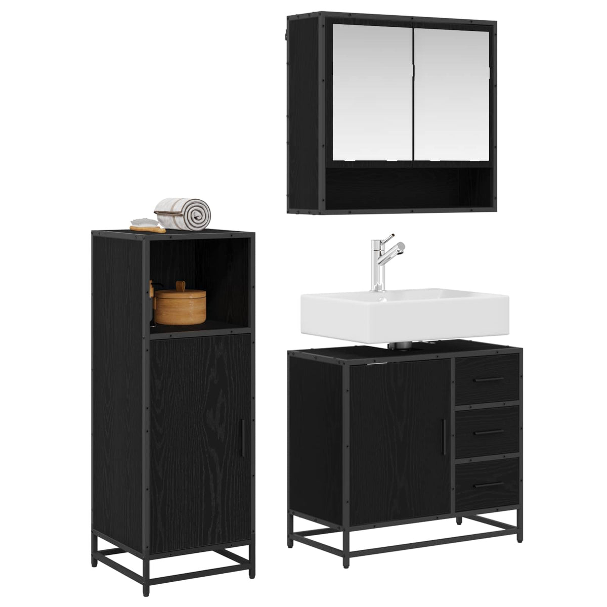 Badezimmermöbel-Set 3 stk. Schwarz Eichen-Optik