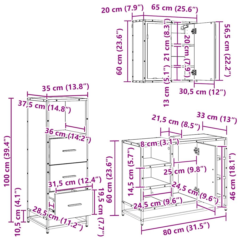 Badezimmermöbel-Set 3 stk. Altholz 35 x 37,5 x 166 cm