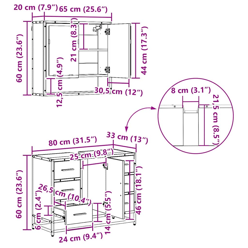 Badezimmermöbel-Set 3 stk. Artisan-Eiche 35 x 37,5 x 166 cm