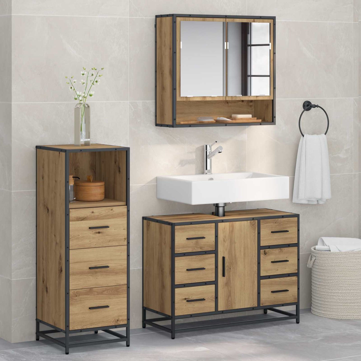Badezimmermöbel-Set 3 stk. Artisan-Eiche 80 x 33 x 60 cm