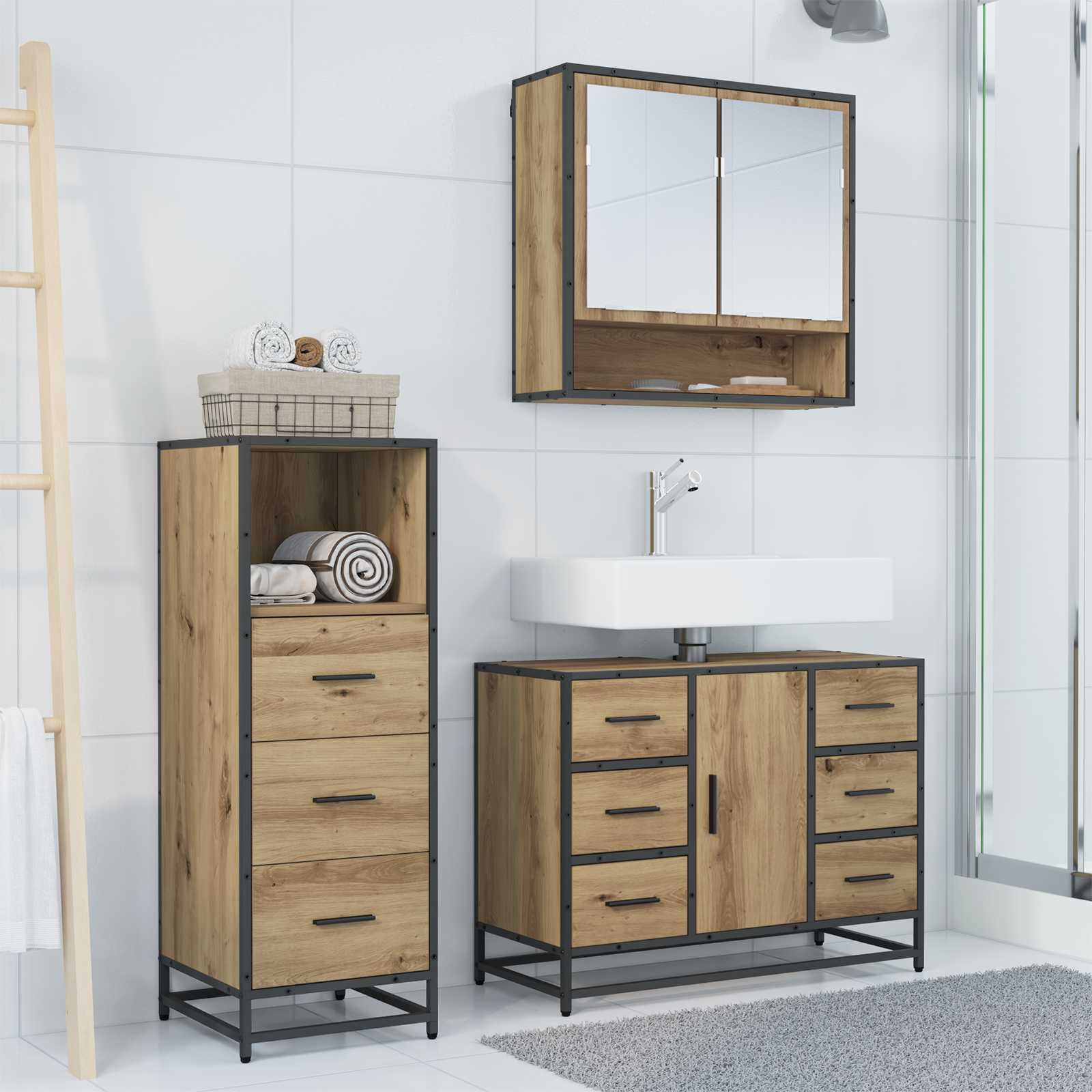 Badezimmermöbel-Set 3 stk. Artisan-Eiche 80 x 33 x 60 cm