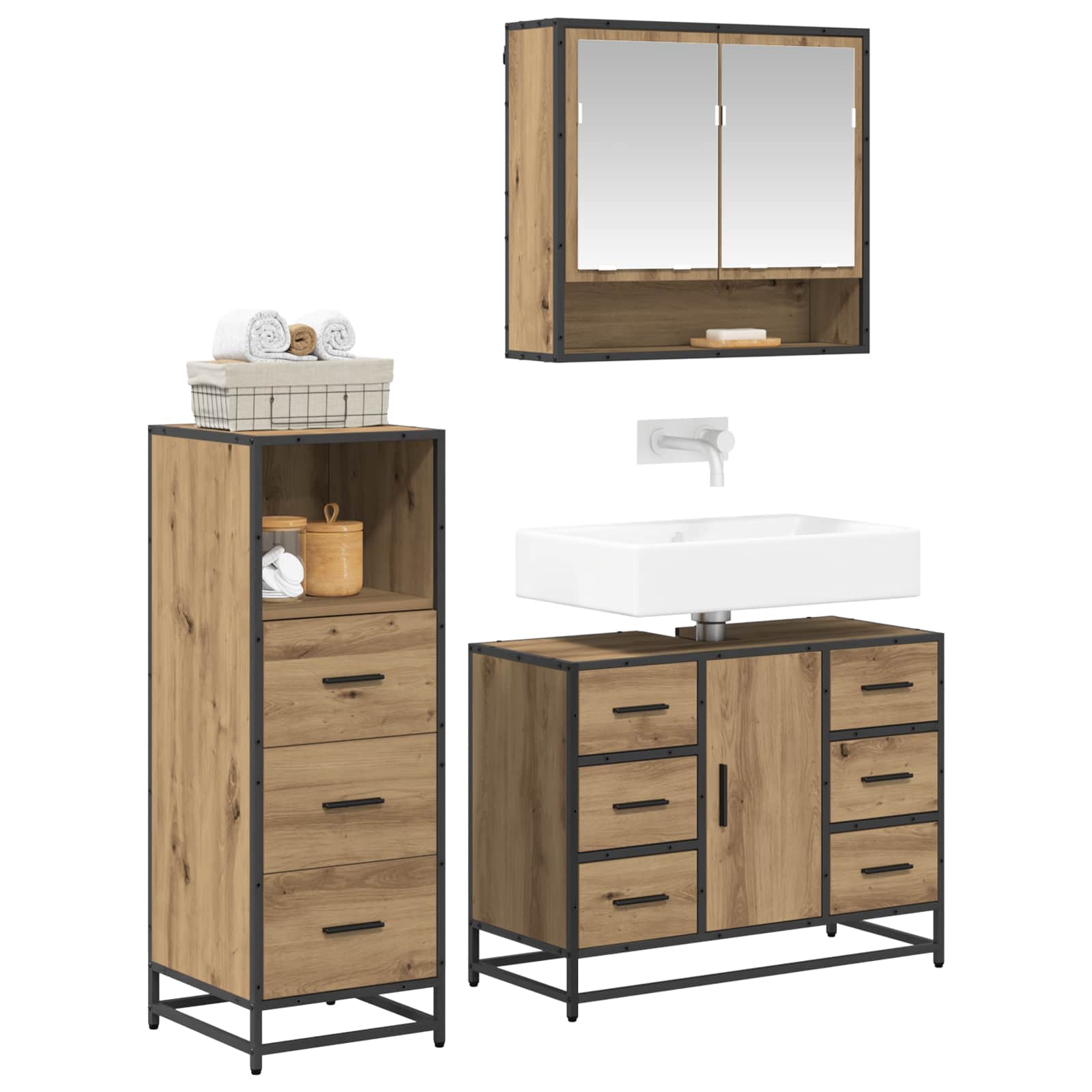 Badezimmermöbel-Set 3 stk. Artisan-Eiche 80 x 33 x 60 cm