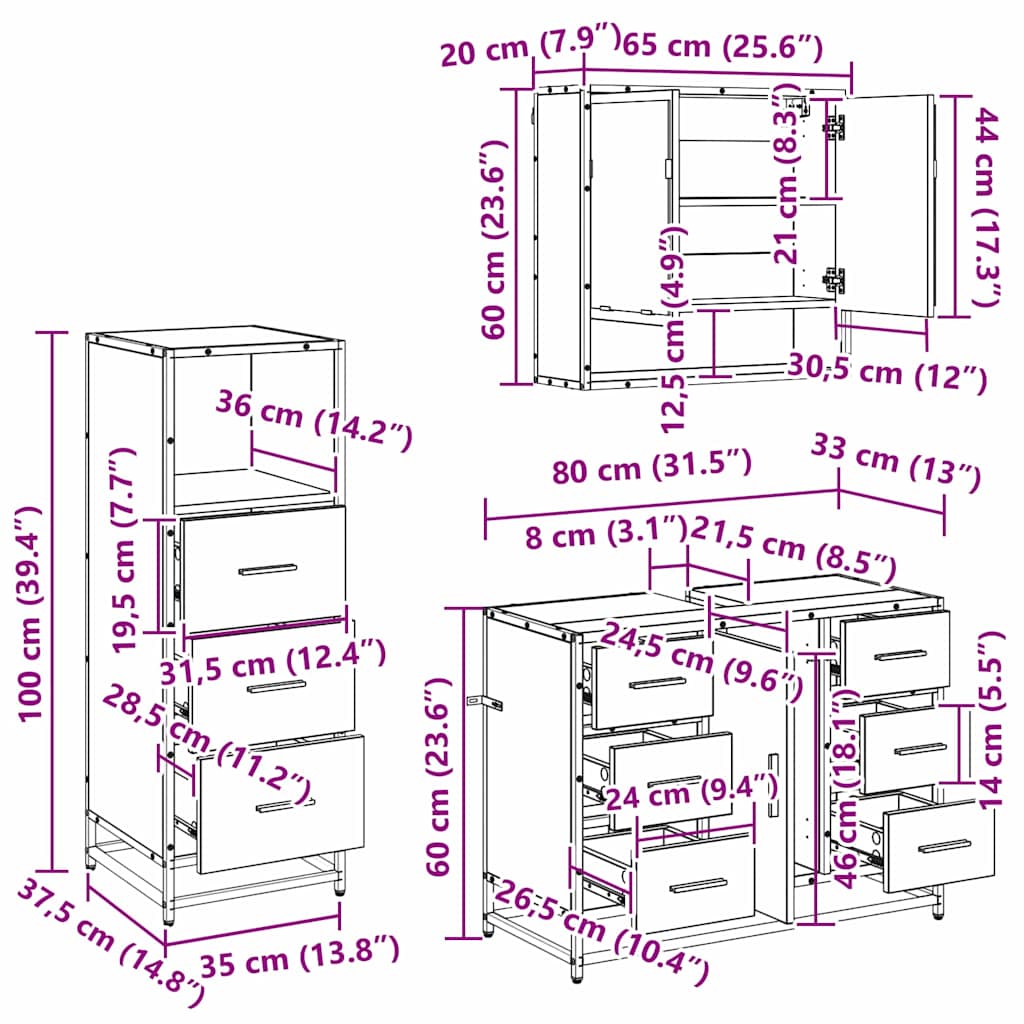 Badezimmermöbel-Set 3 stk. Artisan-Eiche 80 x 33 x 60 cm