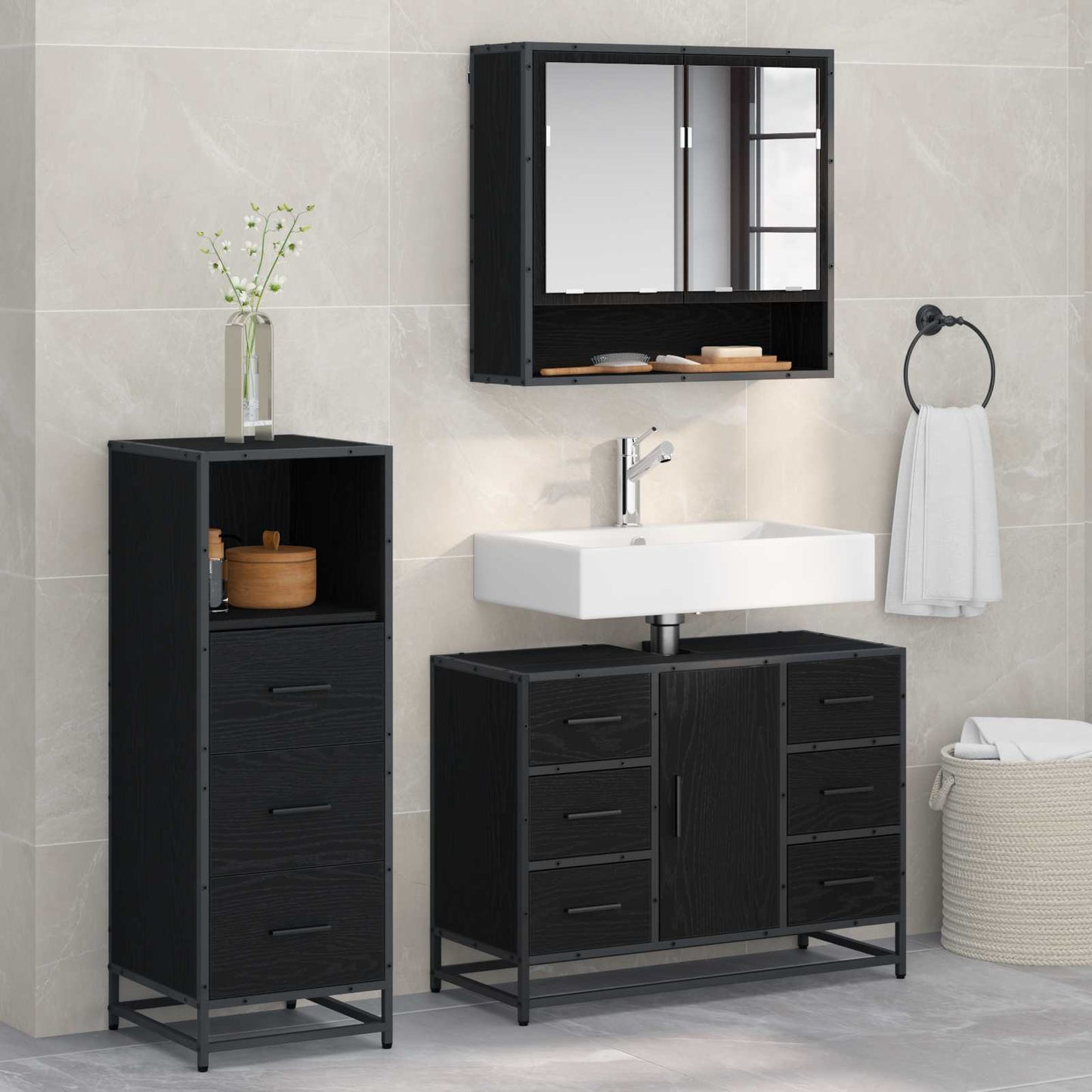 Badezimmermöbel-Set 3 stk. Schwarz Eichen-Optik 80 x 33 x 60 cm