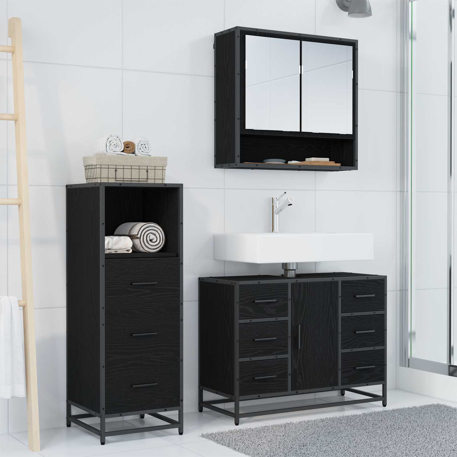Badezimmermöbel-Set 3 stk. Schwarz Eichen-Optik 80 x 33 x 60 cm