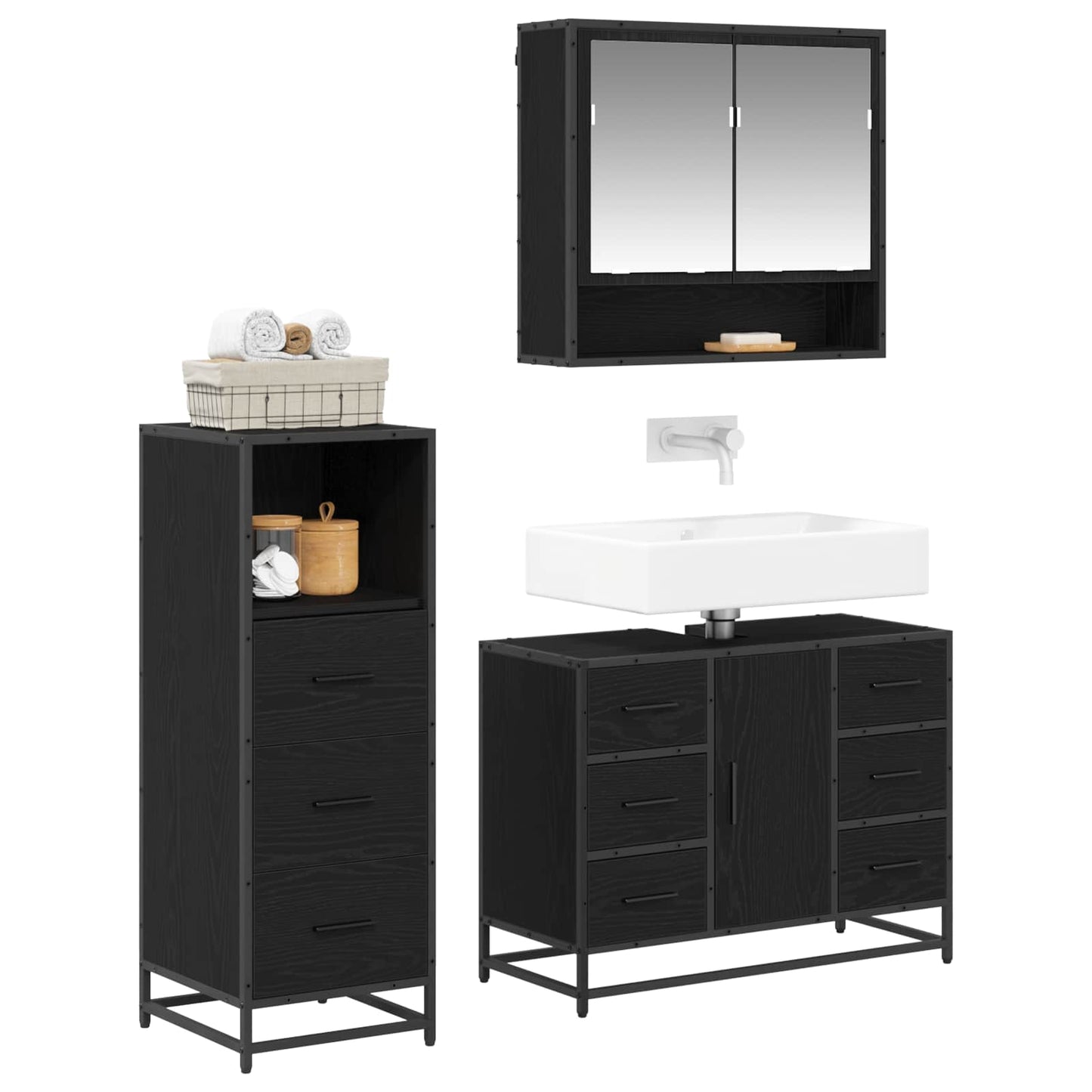Badezimmermöbel-Set 3 stk. Schwarz Eichen-Optik 80 x 33 x 60 cm