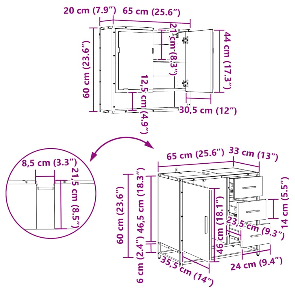 Badezimmermöbel-Set 2 stk. Schwarz Eichen-Optik 65 x 33 x 60 cm