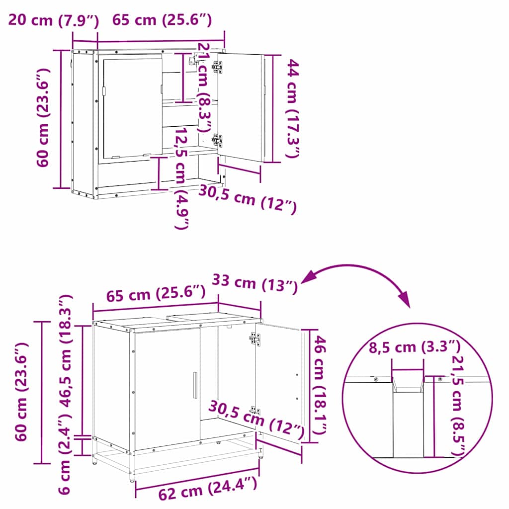 Badezimmermöbel-Set 4 stk. Schwarz Eichen-Optik 65 x 33 x 60 cm