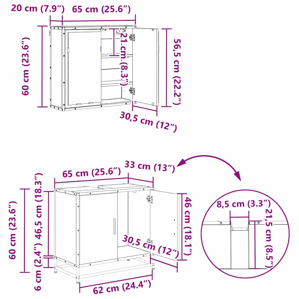 Badezimmermöbel-Set 3 stk. Schwarz Eichen-Optik 65 x 33 x 60 cm
