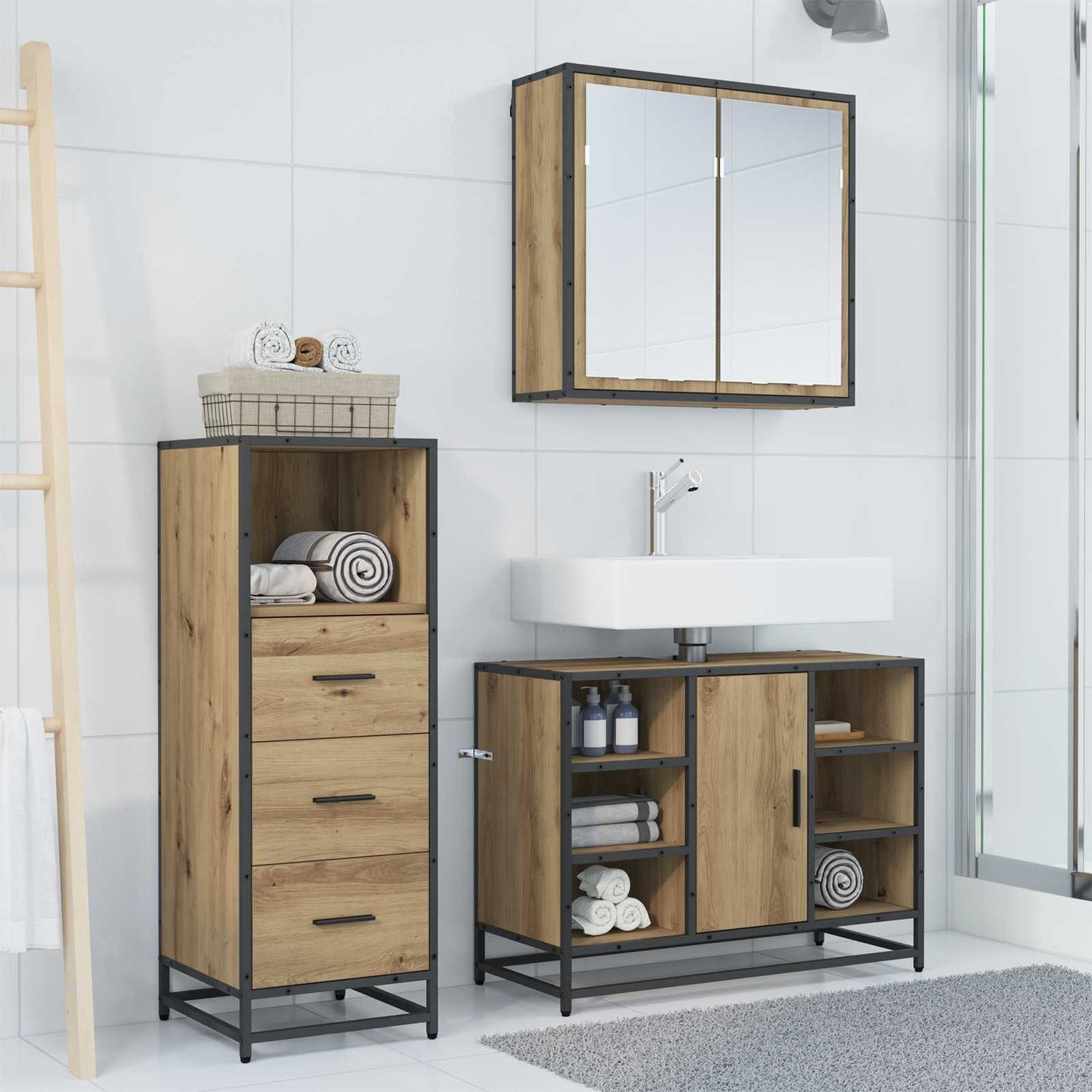Badezimmermöbel-Set 3 Stk. Artisan-Eiche 80 x 33 x 60 cm