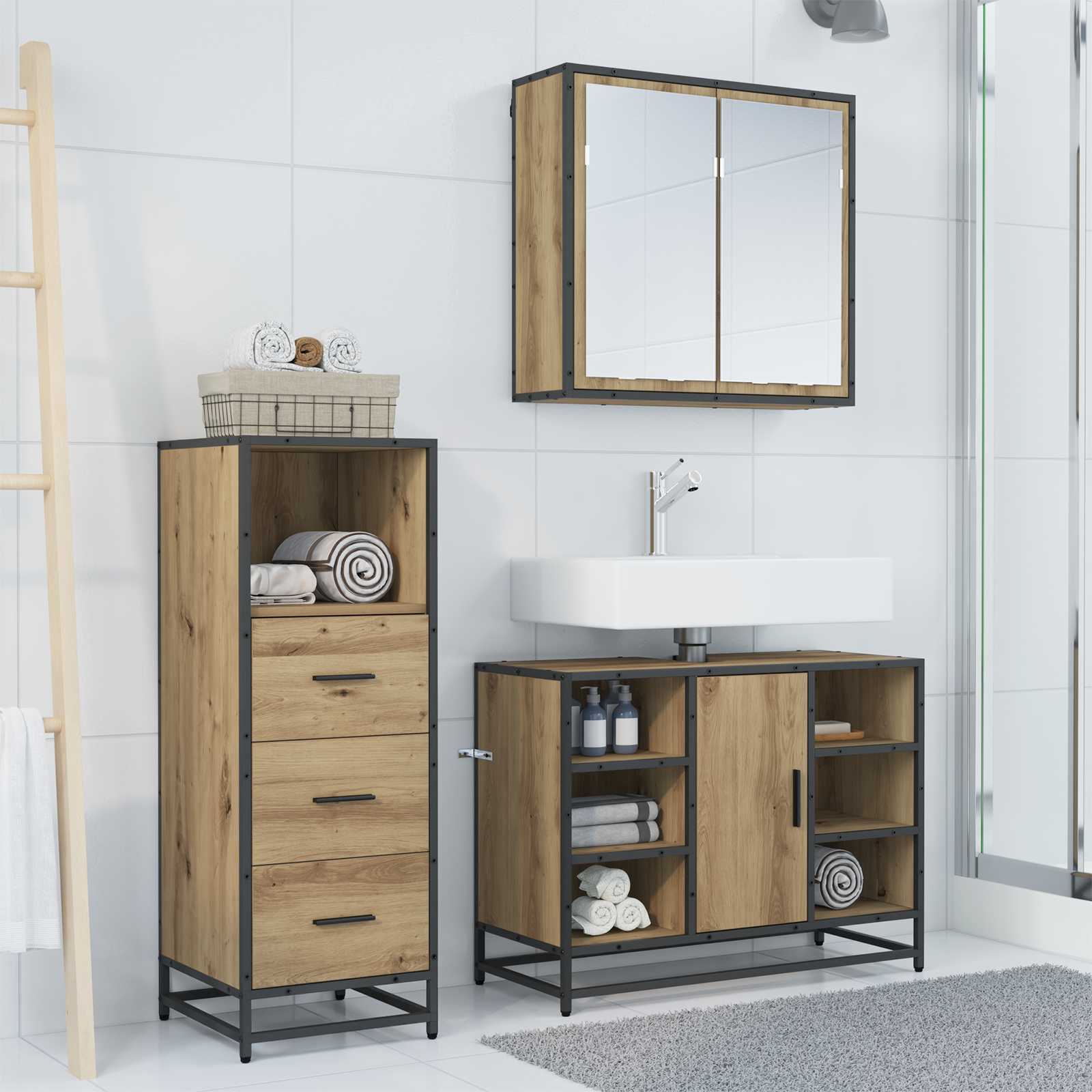 Badezimmermöbel-Set 3 stk. Artisan-Eiche 80 x 33 x 60 cm