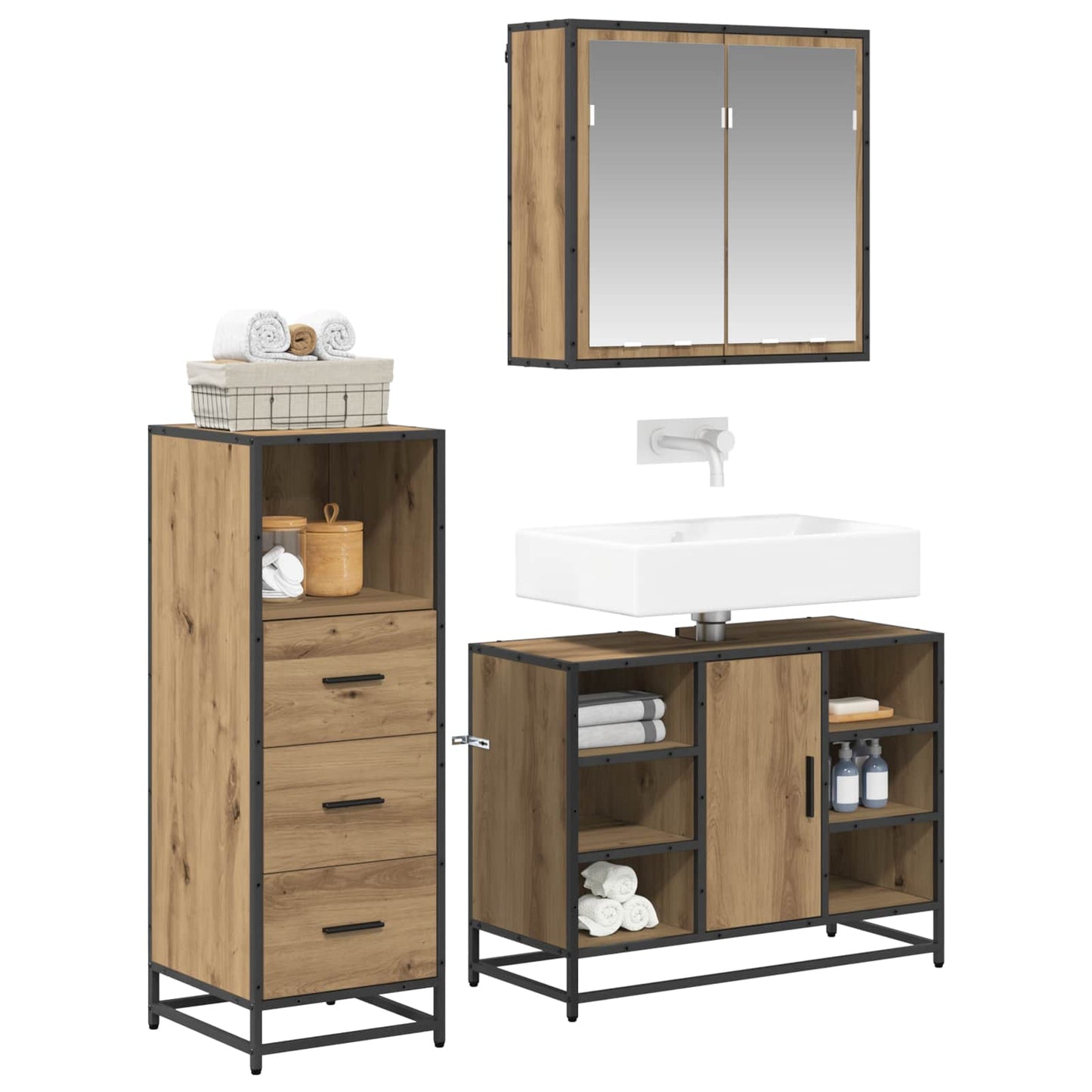 Badezimmermöbel-Set 3 stk. Artisan-Eiche 80 x 33 x 60 cm