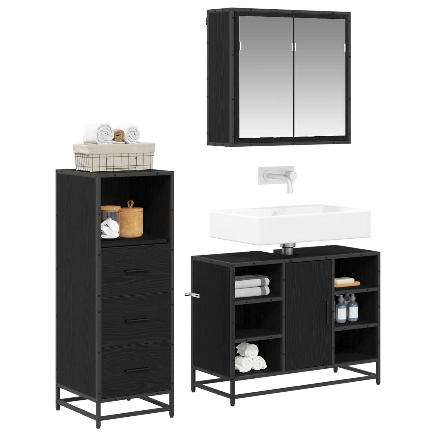 Badezimmermöbel-Set 3 stk. Schwarz Eichen-Optik 80 x 33 x 60 cm