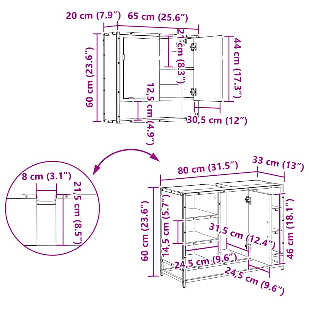 Badezimmermöbel-Set 2 Stk. Artisan-Eiche 80 x 33 x 60 cm
