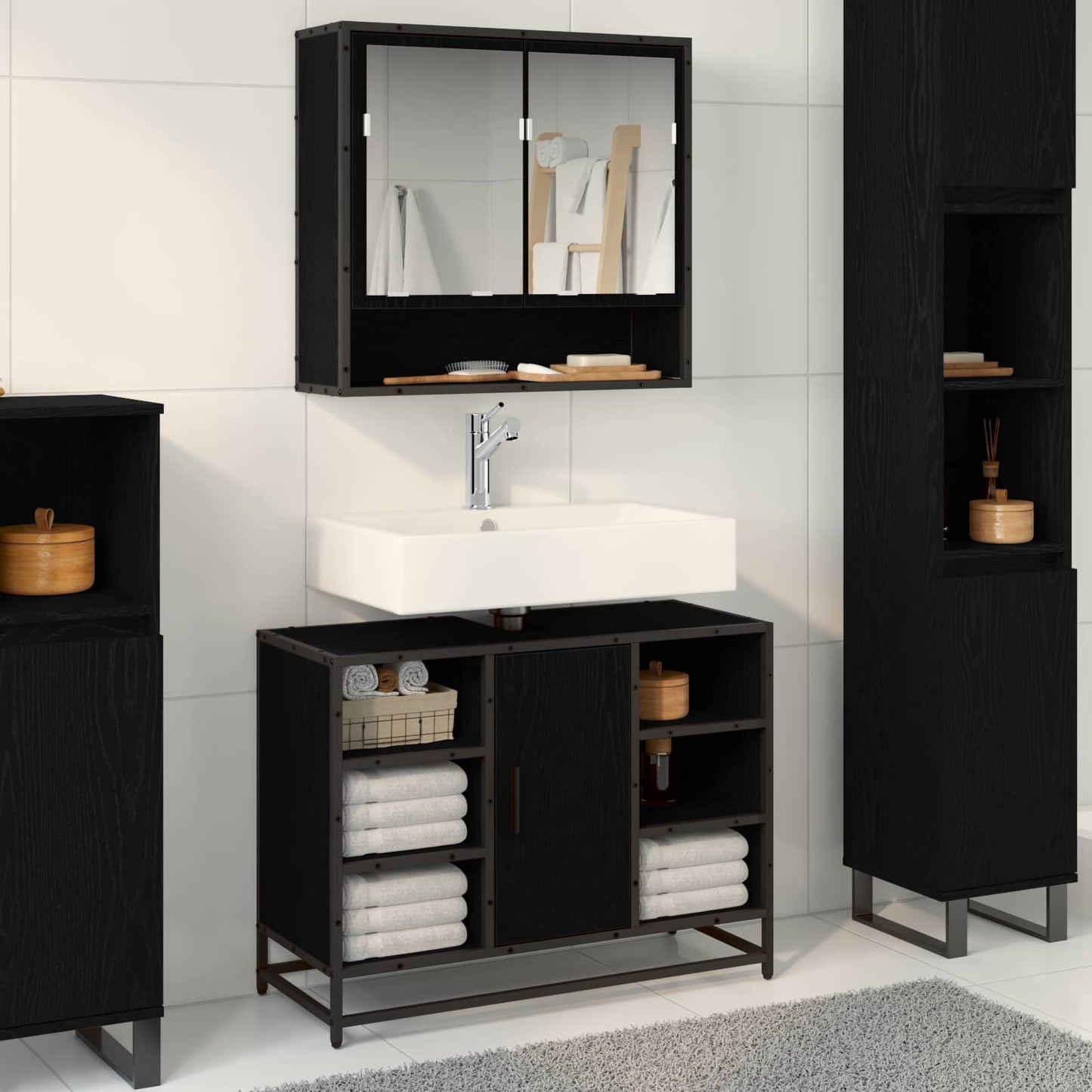 Badezimmermöbel-Set 2 stk. Schwarz Eichen-Optik 80 x 33 x 60 cm