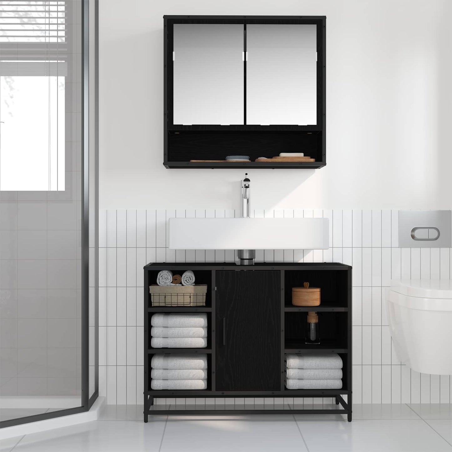 Badezimmermöbel-Set 2 stk. Schwarz Eichen-Optik 80 x 33 x 60 cm