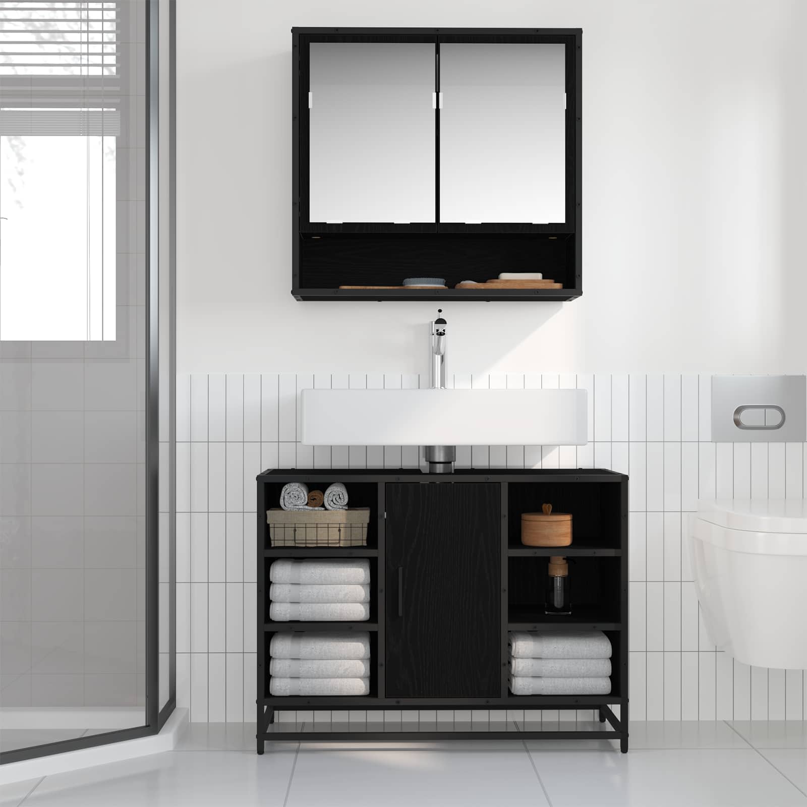Badezimmermöbel-Set 2 stk. Schwarz Eichen-Optik 80 x 33 x 60 cm