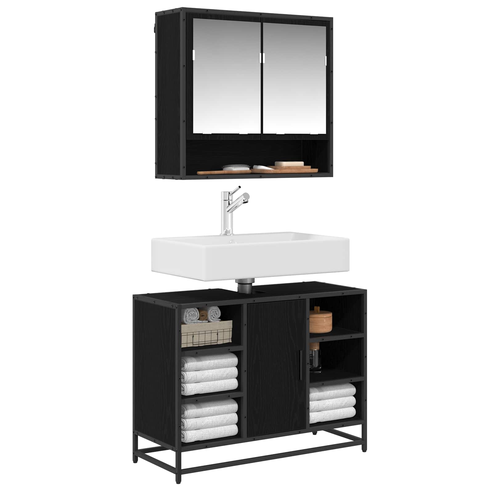 Badezimmermöbel-Set 2 stk. Schwarz Eichen-Optik 80 x 33 x 60 cm
