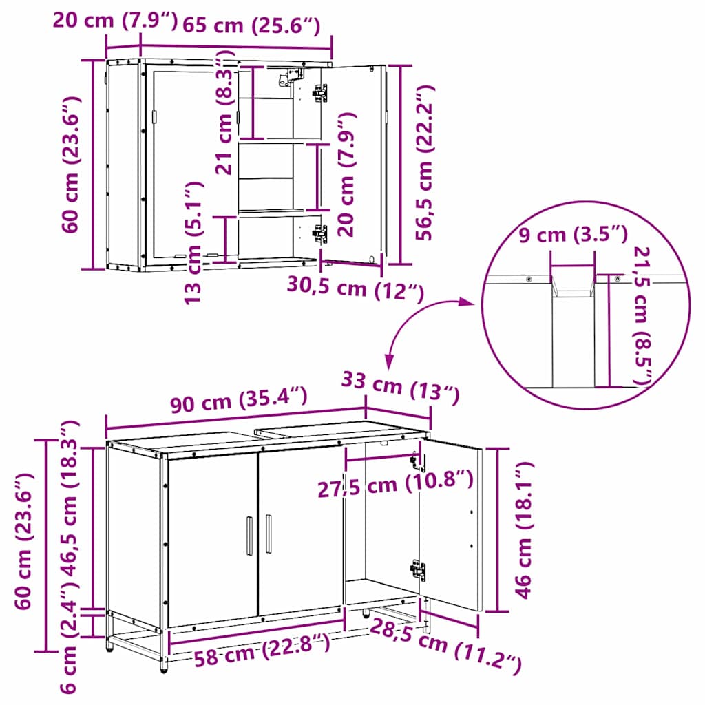 Badezimmermöbel-Set 2 stk. Schwarz Eichen-Optik 80 x 33 x 60 cm