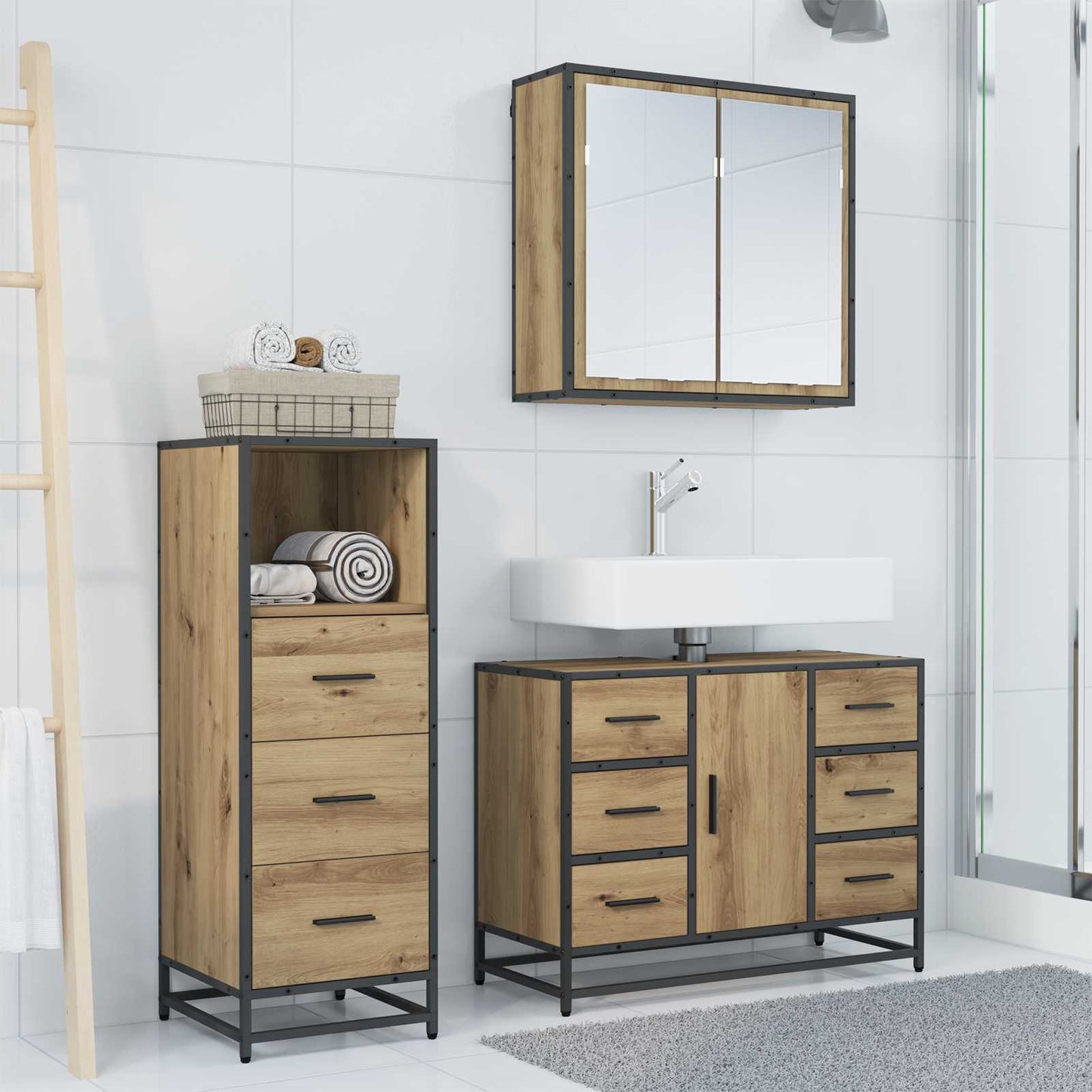 Badezimmermöbel-Set 3 Stk. Artisan-Eiche 80 x 33 x 60 cm